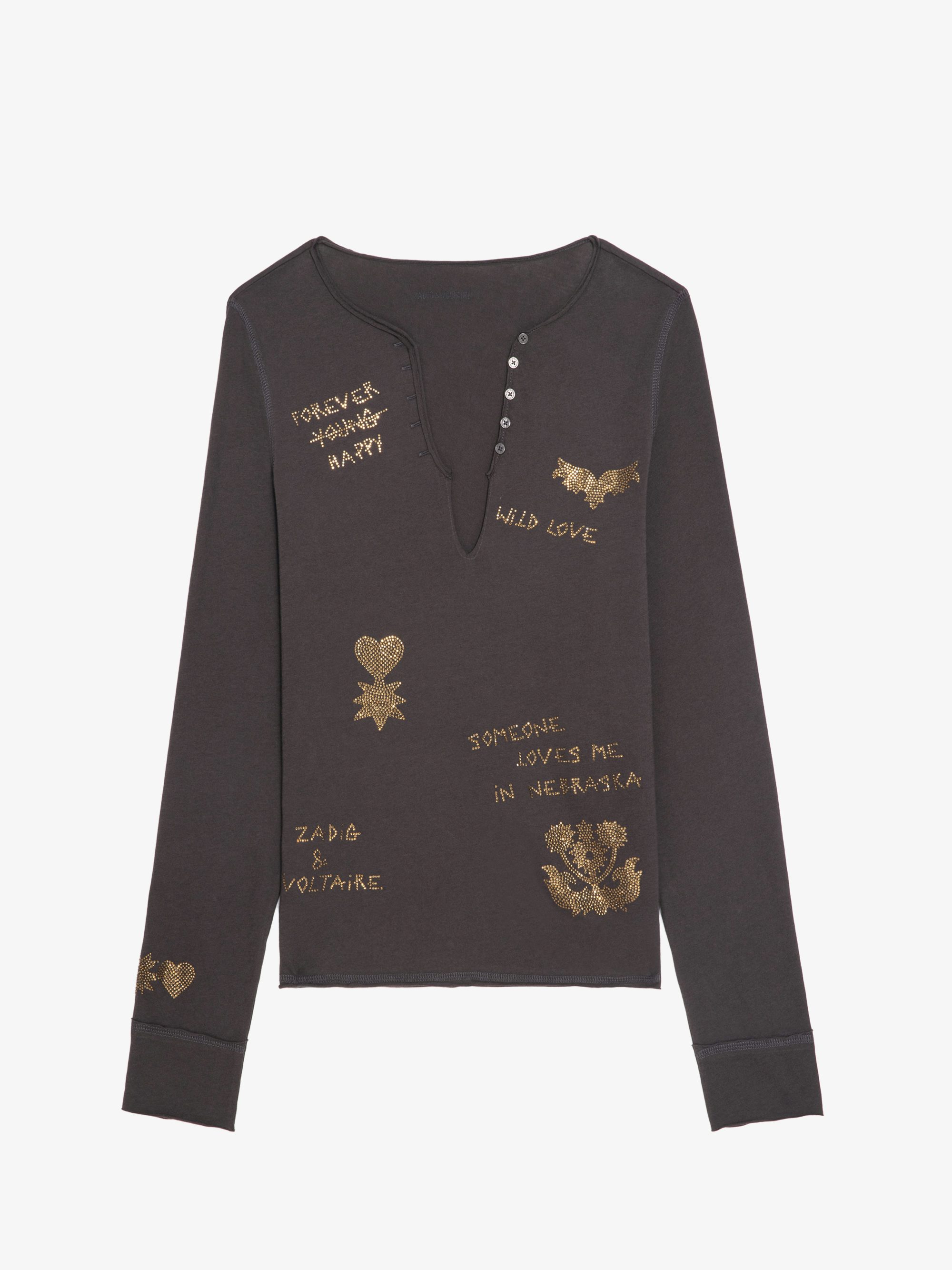 Henley T-shirt Tuni - Long-sleeved henley t-shirt with multi-crystal embellishment.